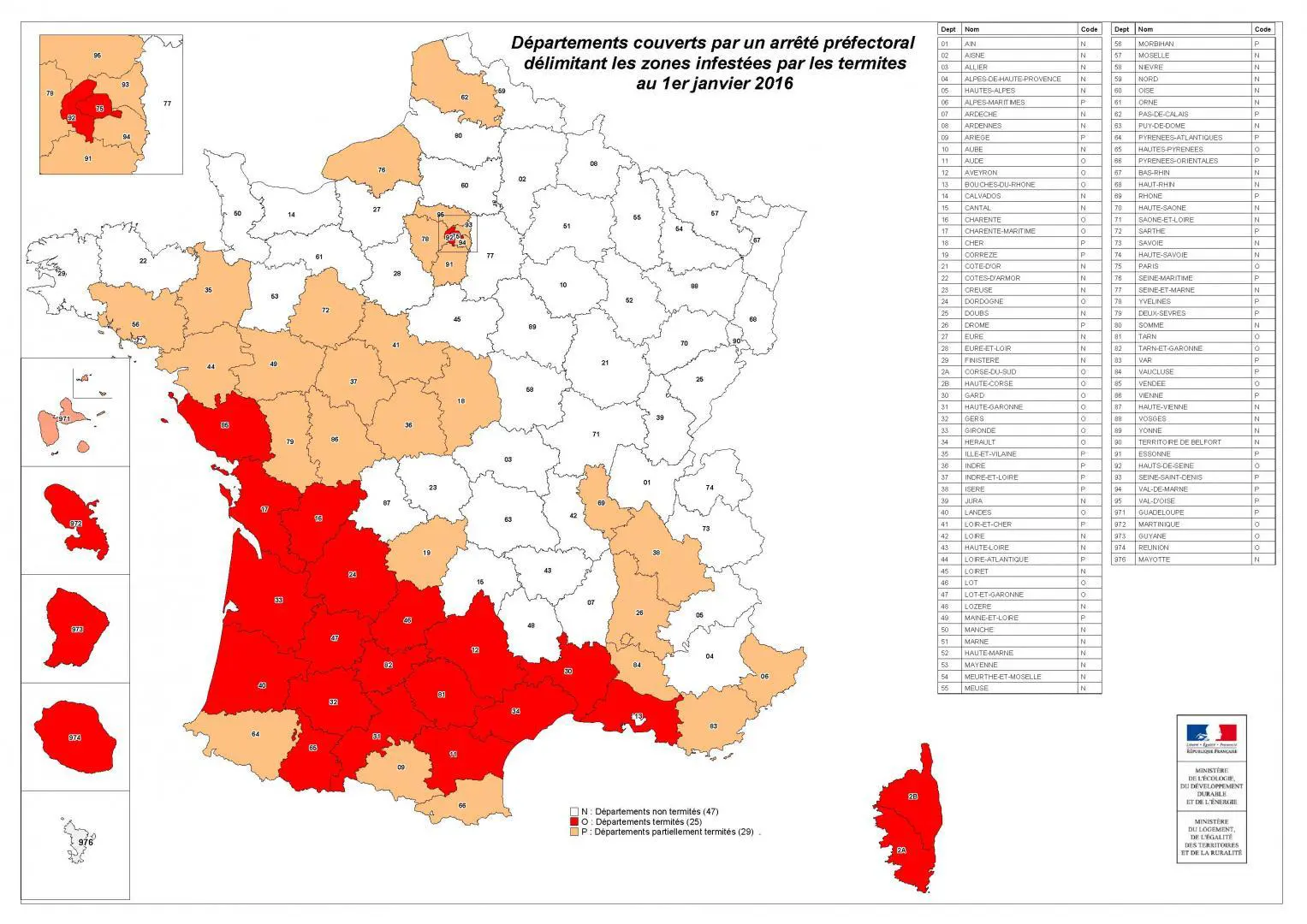 Les départements ou il y a une présence de termites, carte de arrêté préfectoral TERMITE